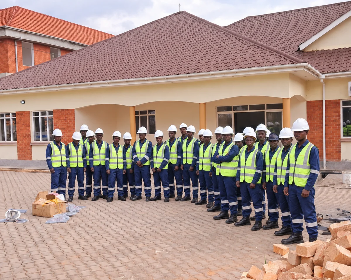 The Tetrabuild site team in hi-vis vests and hard hats outside a completed project building in Kampala