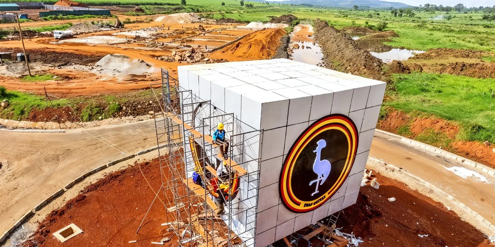 Scaffolding erected by Tetrabuild around the monument built for NEC Kiira EV Motor Corporation, Jinja