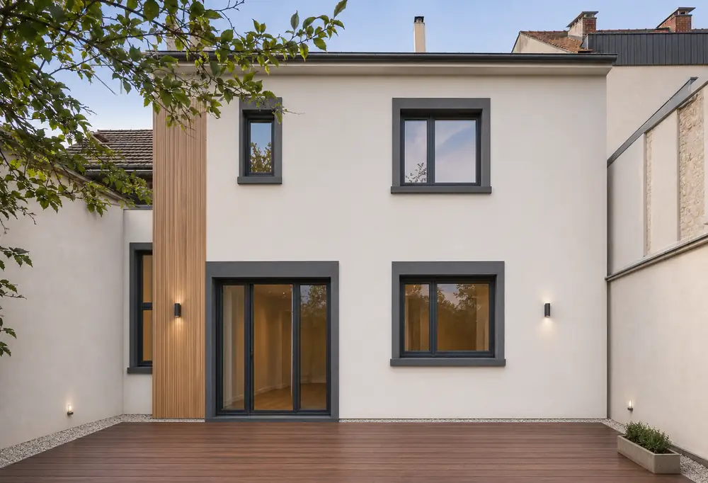The same elevation after the works: new render, finished openings and completed terrace