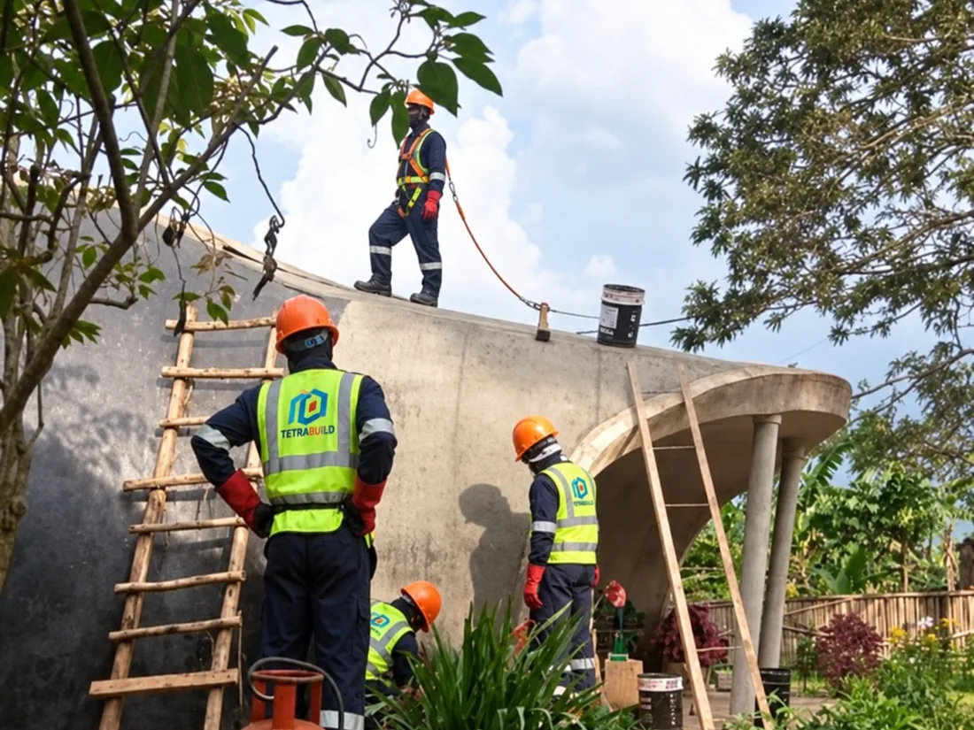 Tetrabuild crew waterproofing a curved concrete shell roof